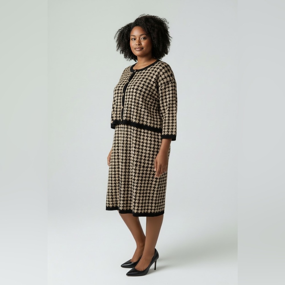 Melonie T 2X Houndstooth 2-Piece Dress & Cardigan Set NWT Black Toffee Knit